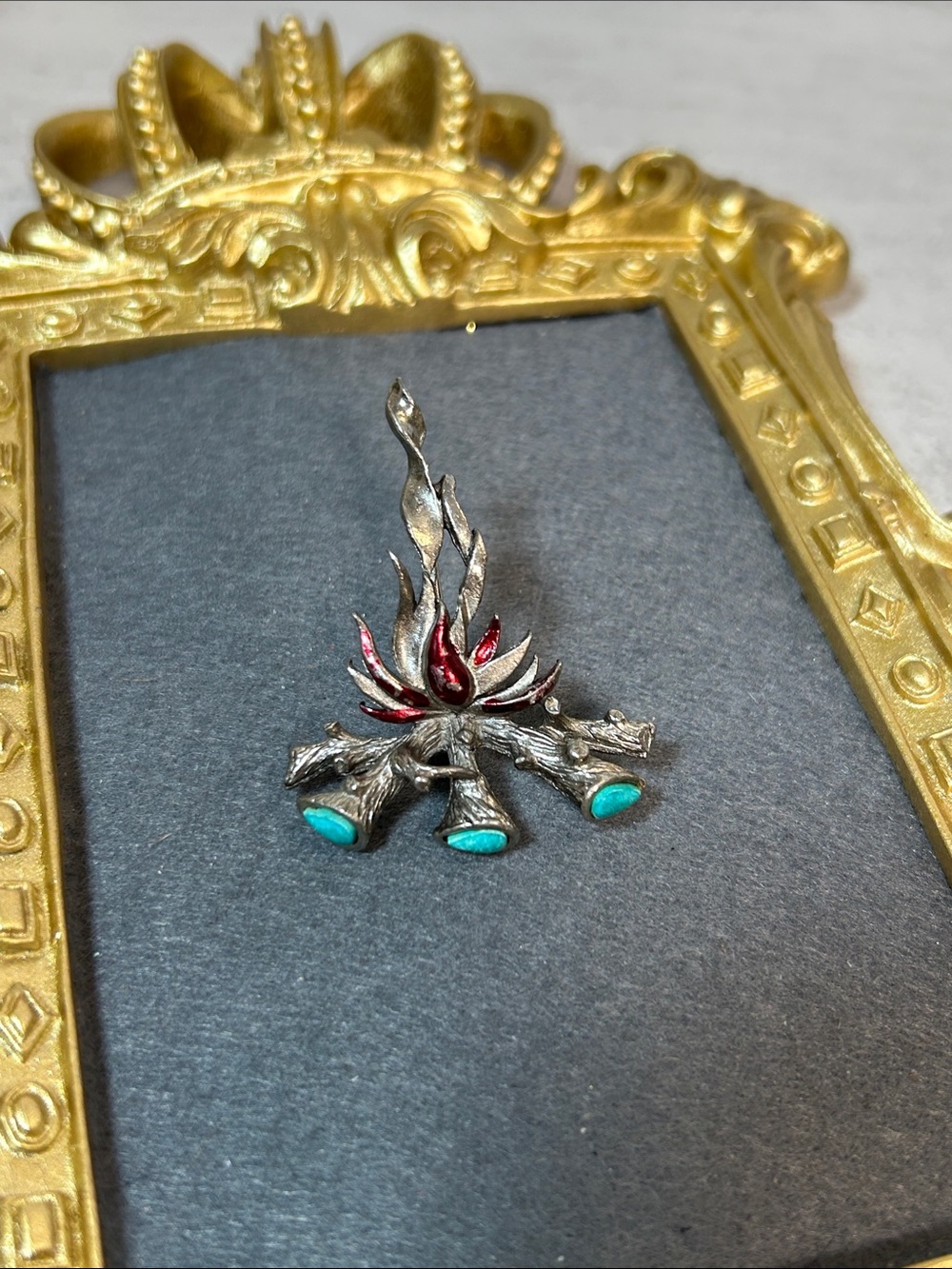 Vintage Handcrafted Silver Flame Brooch with Turquoise and Red Enamel